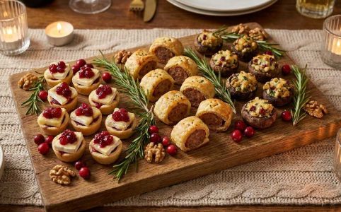 christmas appetizers platter with cheese crackers and fruit