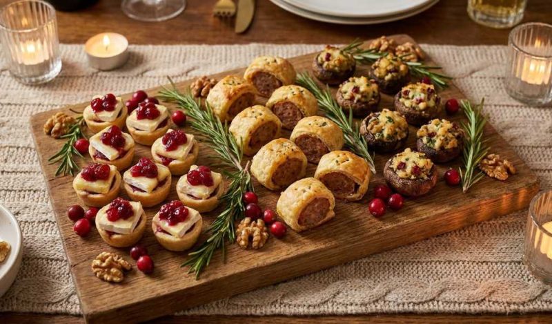 christmas appetizers platter with cheese crackers and fruit