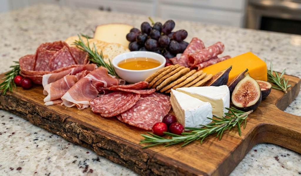 christmas charcuterie board with candied pecans and jam