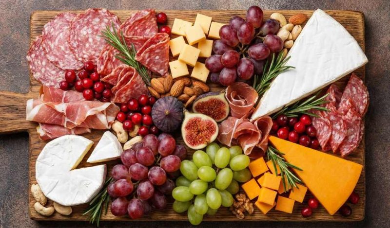christmas charcuterie board with meats cheese and fruit