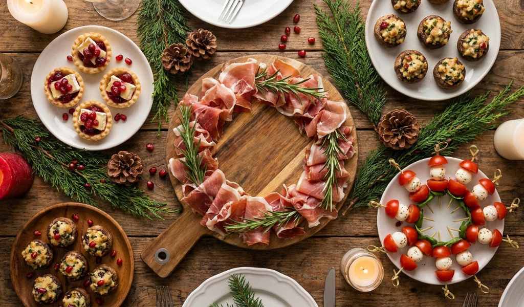 christmas charcuterie board with meats cheese and nuts